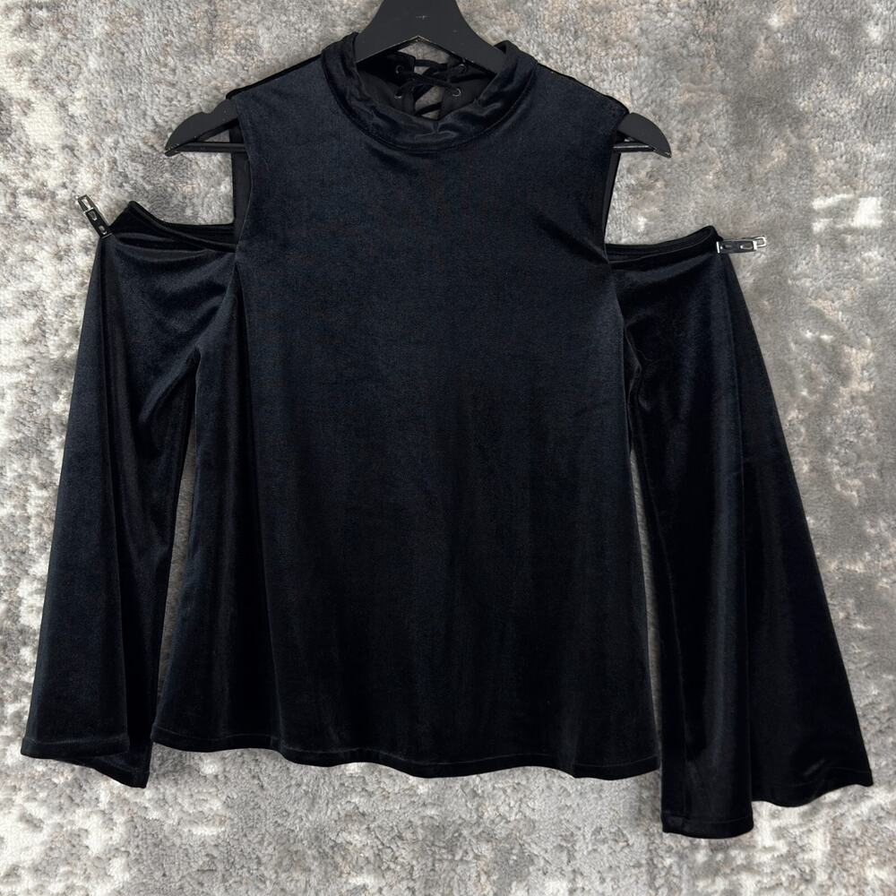 Moon River Size S Whimsigoth Velvet Cold Shoulder Crew Neck Blouse Tie Black